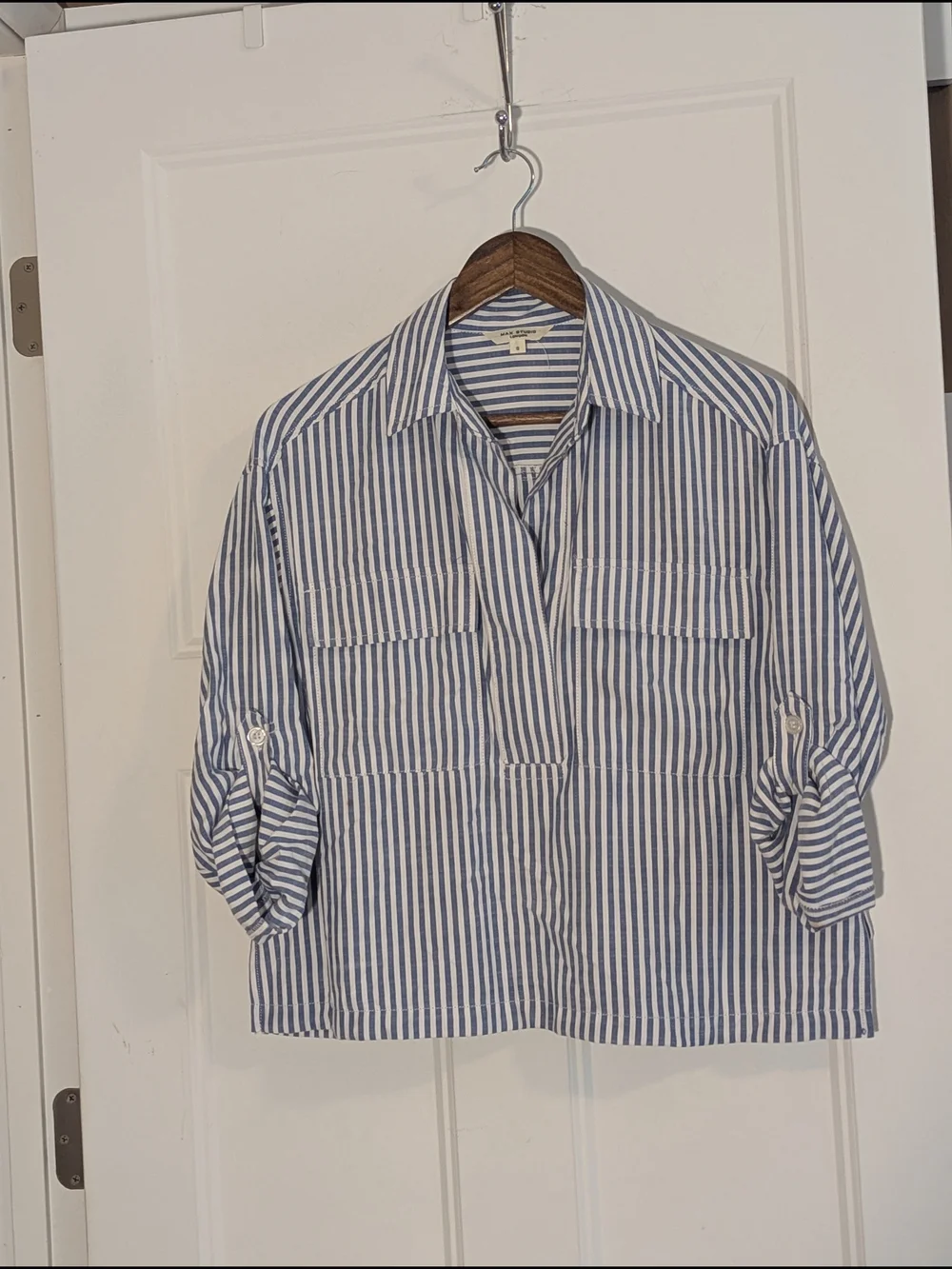 Max Studio Blue and White Striped Button-Front Shirt. Sz S.